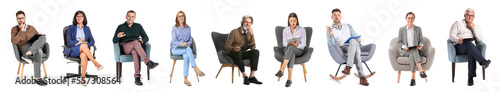 Set of different psychologists sitting in armchairs against white background