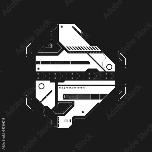 Cyberpunk arrow. Futuristic tech interface element. Cyberpunk pointer, direction. Tech arrow for design of game UI, poster, banner. GUI, FUI. Sci-fi element. Tech aesthetics. Vector illustration