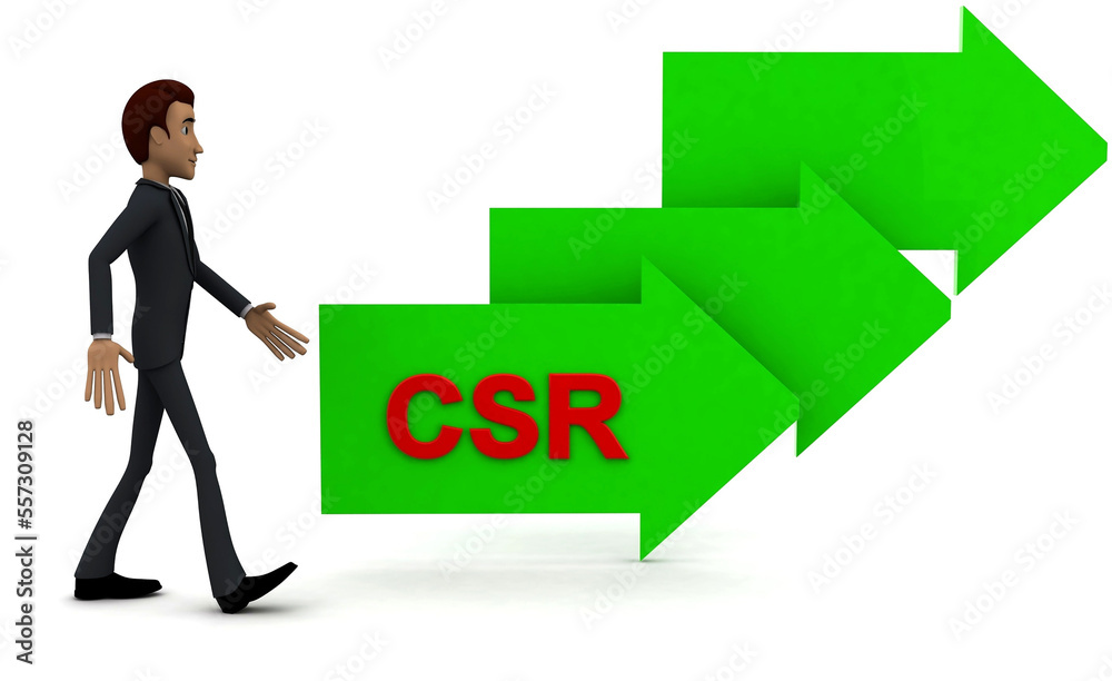 3d man walking in direction of arrow with csr text concept 3d man walking in direction of arrow with csr text concept