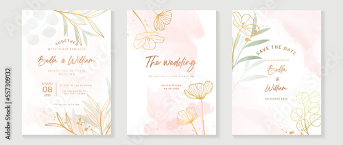 Luxury wedding invitation card template. Watercolor card with gold line art, leaves branches, foliage. Elegant autumn botanical vector design suitable for banner, cover, invitation.