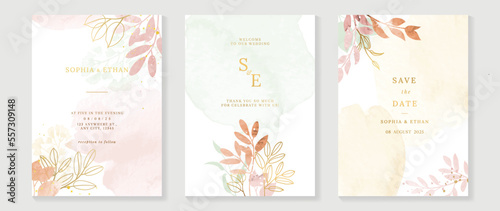 Luxury wedding invitation card template. Watercolor card with gold line art, leaves branches, foliage. Elegant autumn botanical vector design suitable for banner, cover, invitation.