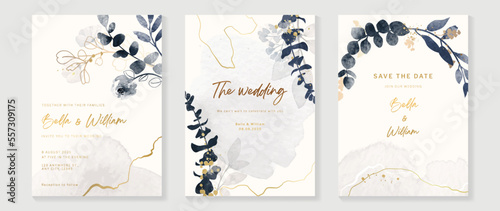 Luxury wedding invitation card template. Watercolor card with gold line art, leaves branches, foliage. Elegant autumn botanical vector design suitable for banner, cover, invitation.