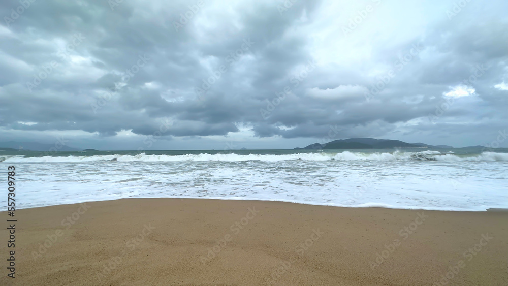 Beautiful panoramic sea view, ocean landscape with cloudy storm sky