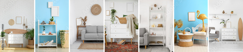 Fototapeta premium Collage of blank photo frames in modern home interiors