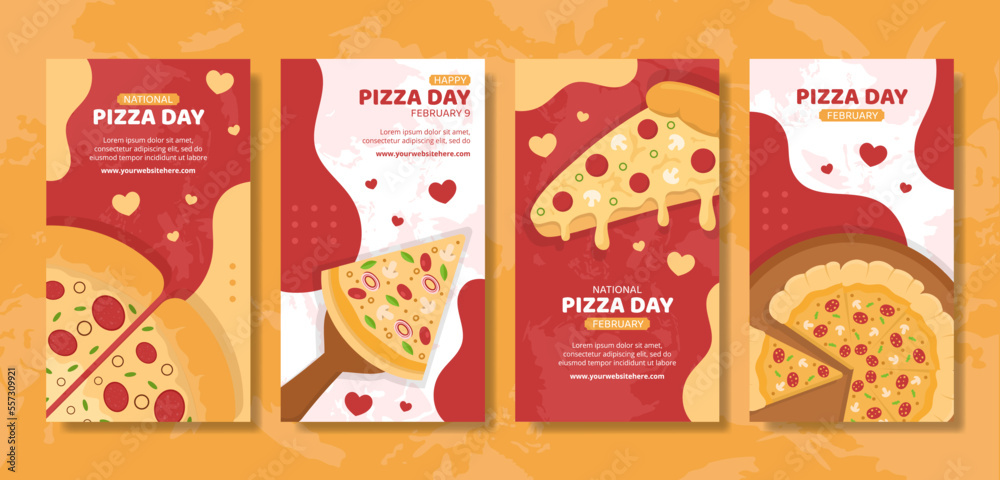 National Pizza Day Social Media Stories Flat Cartoon Hand Drawn Templates Illustration