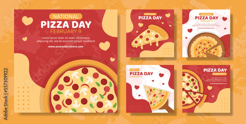 National Pizza Day Social Media Post Flat Cartoon Hand Drawn Templates Illustration