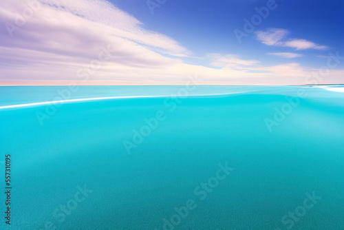 Golden sand with blue ocean. Beautiful tropical beach. White sand tropical paradise beach background summer vacation concept. Sea water against a white cloudy blue sky. Copy space.