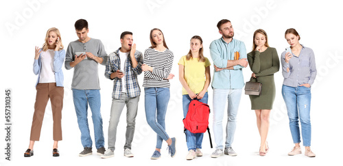 Many people waiting in line on white background