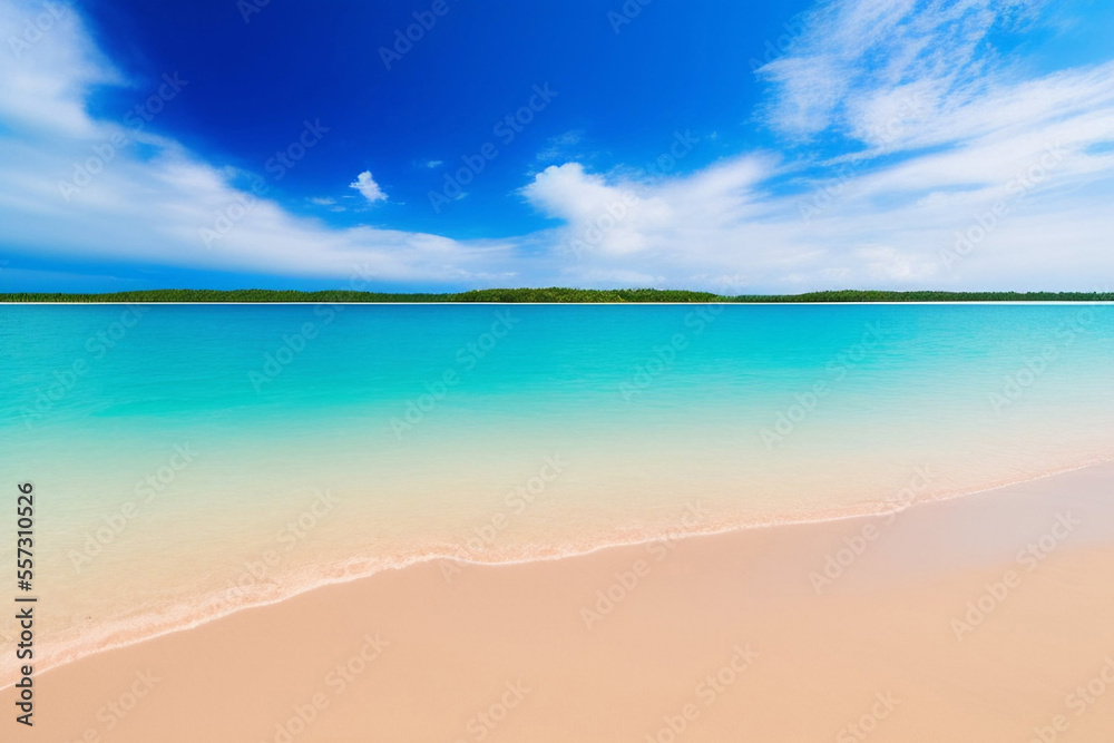Golden sand with blue ocean. Beautiful tropical beach. White sand tropical paradise beach background summer vacation concept. Sea water against a white cloudy blue sky. Copy space.