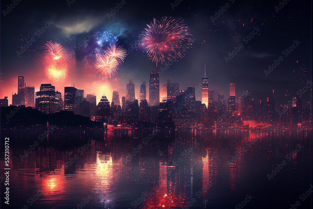 abstract colorful firework over a big city. Generative AI