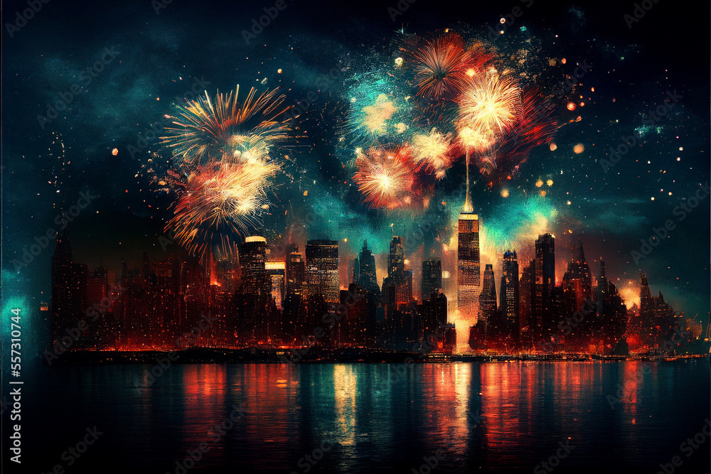 abstract garish colorful fireworks over a big city. Generative AI