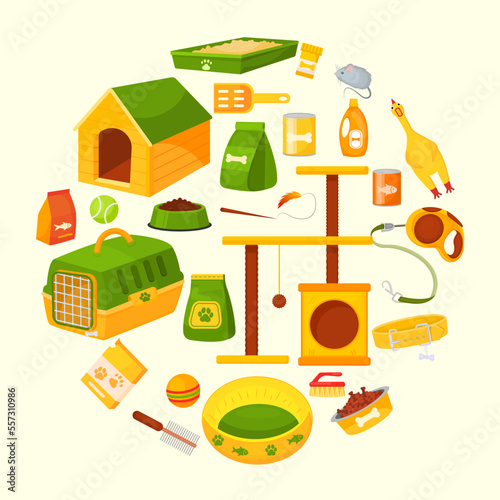 Vector tools for the pet store. Cartoon items for pets and toys. The concept of pet care. A design element for a website, application, etc.