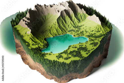 green mountains with a lake, isolated on a white backdrop, in a soil slice. Generative AI photo