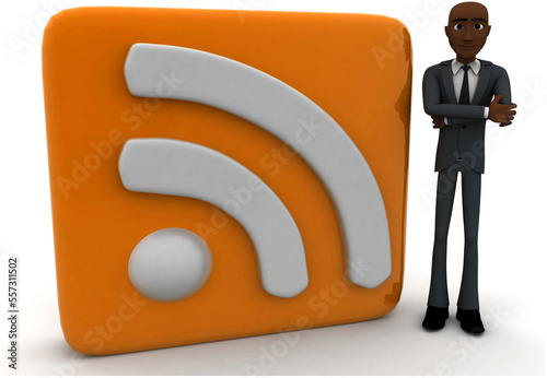 3d man standing beside rss feed concept photo