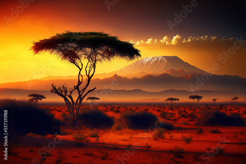 breathtaking sunset over a desert in tsavo west  Kenya  with Mount Kilimanjaro in the background. Generative AI