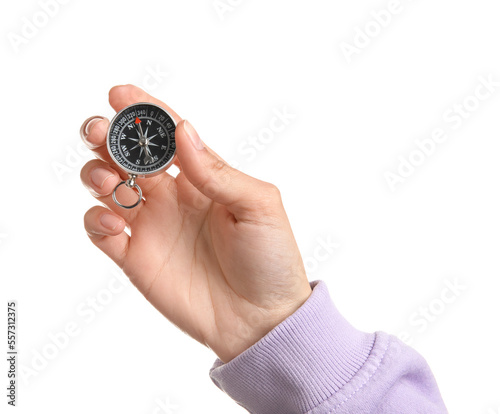 Woman with black compass on white background