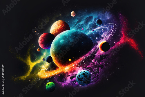 Template of a galaxy with colorful planets, rocket, and stars. Generative AI