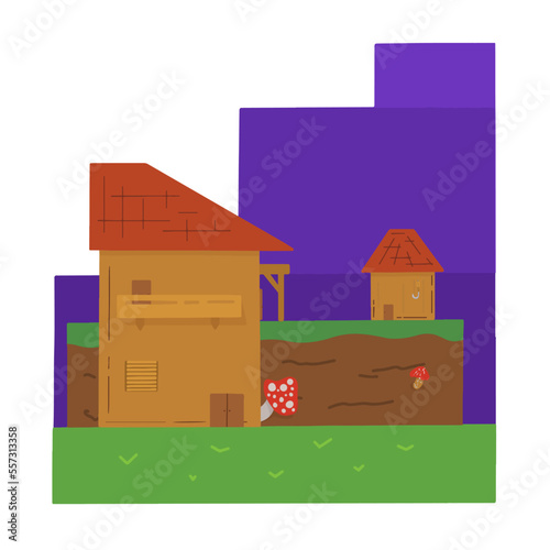 Two moldy wooden houses built on towering ground
