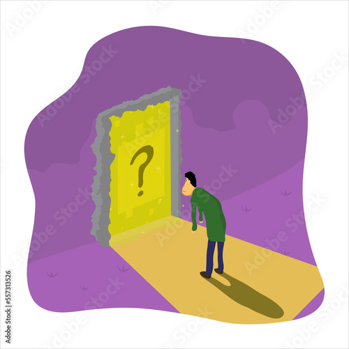 A human being amazed by the mysterious door in front of him