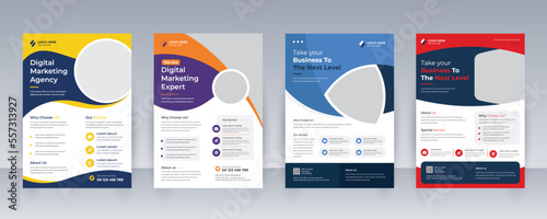 Corporate business bundle 4 template of a4 flyer design. with blue, orange, red and yellow color. marketing, business proposal, promotion, advertise, cover page. new digital marketing flyer.
