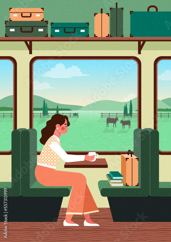 Train interior inside view with luggage and the train station. Landscape through the train window. The girl is sitting in a train carriage. Spring vacation. Flat Design. Trendy vector illustration.