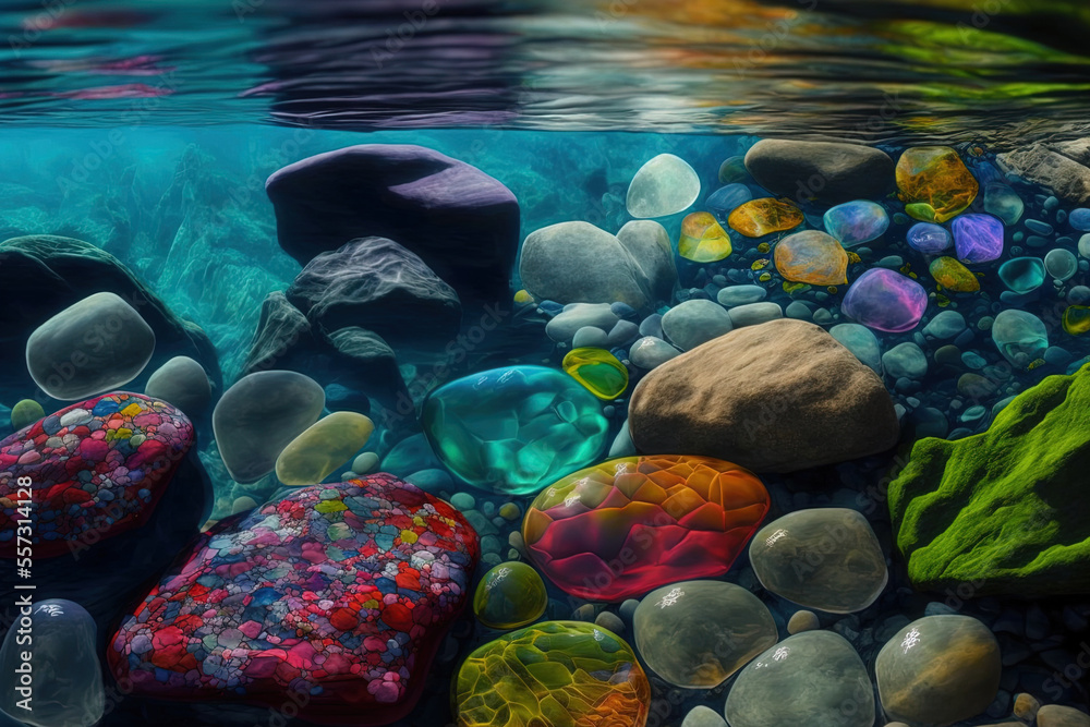 Nature backdrop with colorful stones in the water at the ocean's bottom. Generative AI