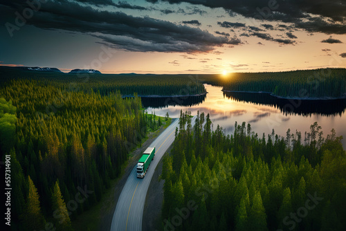 View from above of a semi truck and cargo trailer on a bend near a lake and a verdant pine forest. transportation history Beautiful natural scenery at dusk in the Russian Republic of Karelia photo