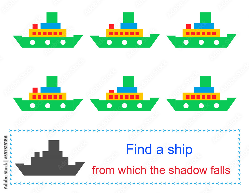 Educational game for kids. Task for attentiveness. Find a ship from which the shadow falls. Vector illustration.