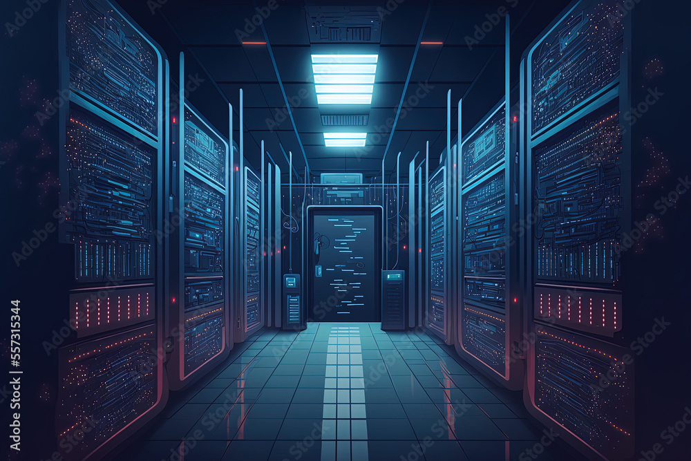 Illustration of a server room in a data center with plenty of telecom equipment, showing the idea of huge data storage and cloud computing. Generative AI - obrazy, fototapety, plakaty 