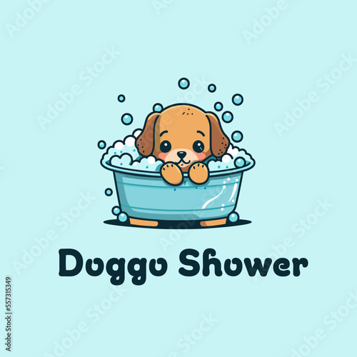 cute cartoonish dog in bathtub logo design, vector logo of a baby dog taking a bath