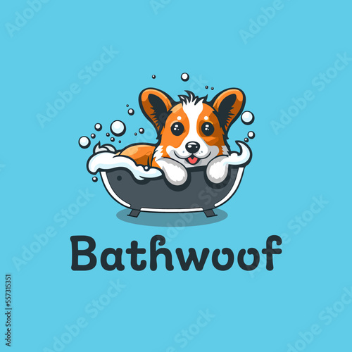 cute cartoonish dog in bathtub logo design, vector logo of a baby dog taking a bath