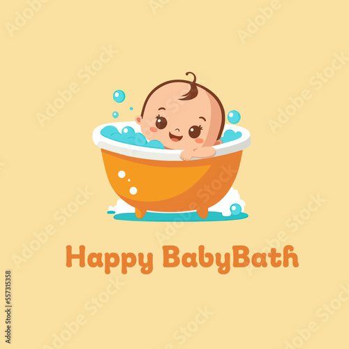 cute cartoonish baby in bathtub logo design, vector logo of a baby taking a bath