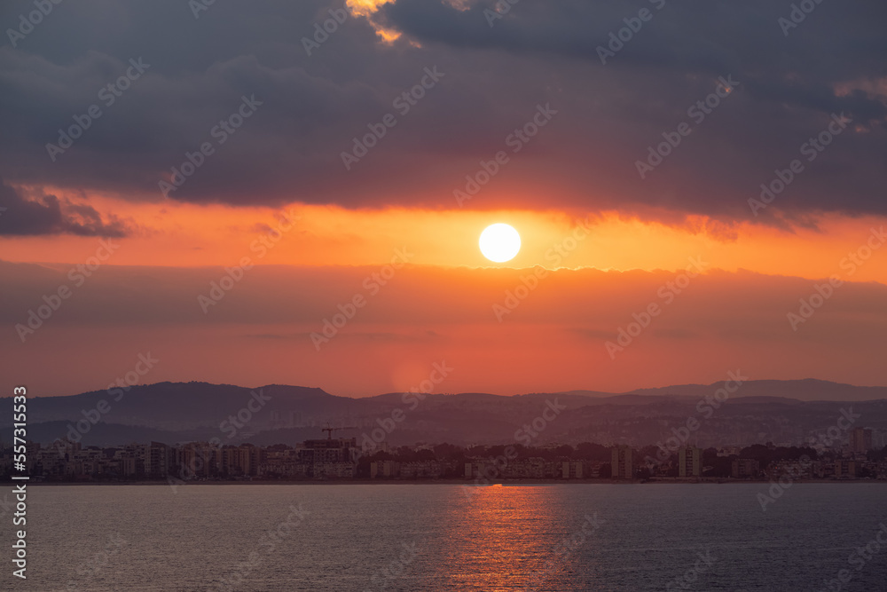 Cityscape on the Mediterranean Sea, Haifa, israel. Dramatic Sunrise Sky.