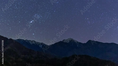 北杜市から南アルプスに沈むオリオン座と流れ星Timelapse