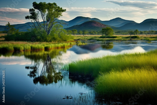 Lovely image of a freshwater marsh with a green mountain and a blue hazy sky in the background. Generative AI