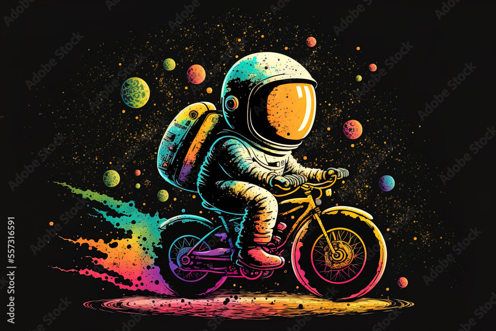 Cartoon image of a cute astronaut riding a bike. Generative AI Cartoon image of a cute astronaut riding a bike. Generative AI