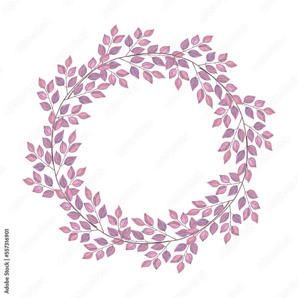 Round frame with abstract purple leaves. Hand drawn watercolor illustration isolated on white background. For wedding invitations, greeting cards