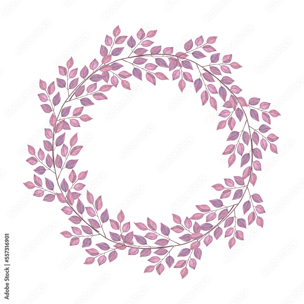 Round frame with abstract purple leaves. Hand drawn watercolor illustration isolated on white background. For wedding invitations, greeting cards Round frame with abstract purple leaves. Hand drawn watercolor illustration isolated on white background. For wedding invitations, greeting cards