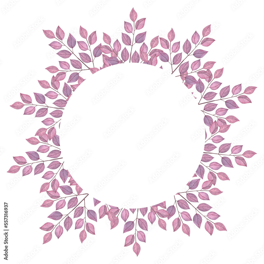 Round frame with abstract purple leaves. Hand drawn watercolor illustration isolated on white background. For wedding invitations, greeting cards Round frame with abstract purple leaves. Hand drawn watercolor illustration isolated on white background. For wedding invitations, greeting cards