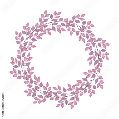 Round frame with abstract purple leaves. Hand drawn watercolor illustration isolated on white background. For wedding invitations, greeting cards