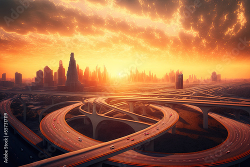 A gorgeous sunrise scene view with a virtual design of a modern metropolitan skyline and twisty highway route. Generative AI