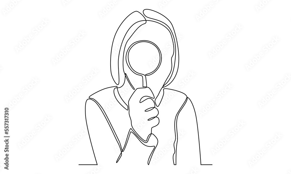 Continuous line of woman with magnifying glass Continuous line of woman with magnifying glass