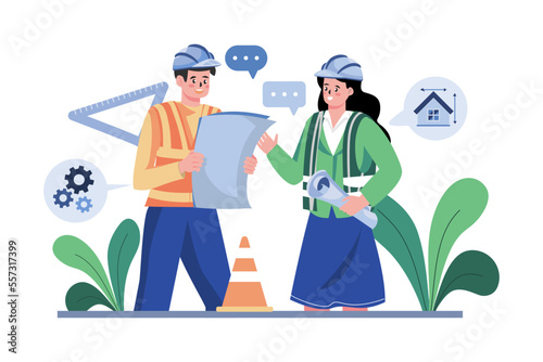 Construction Workers Discussing On Building Plan