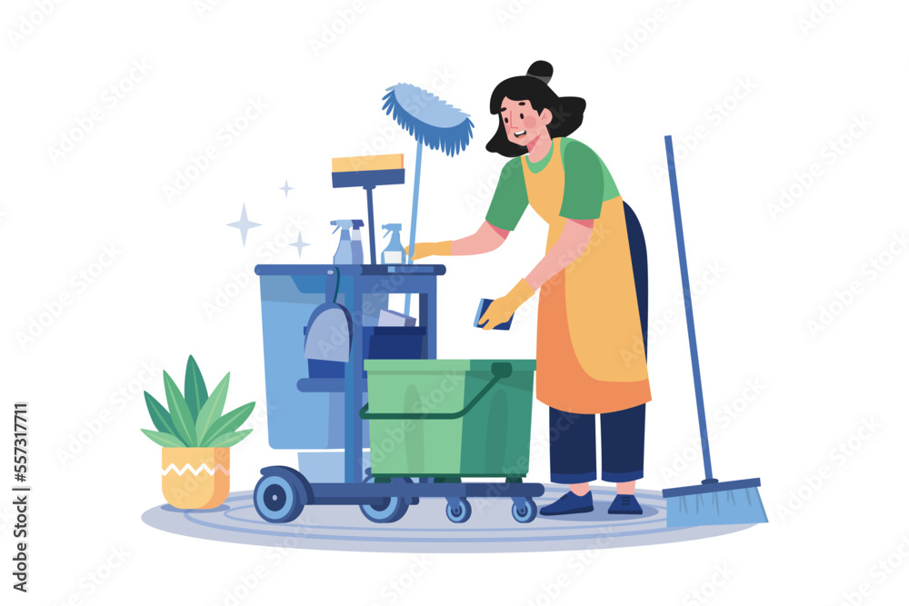 Fototapeta premium Female Cleaning Worker With Cleaning Equipment