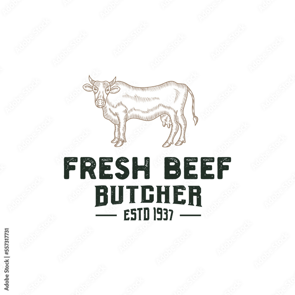 beef shop logo design premium template vector, butcher shop, meat store, cow farm
