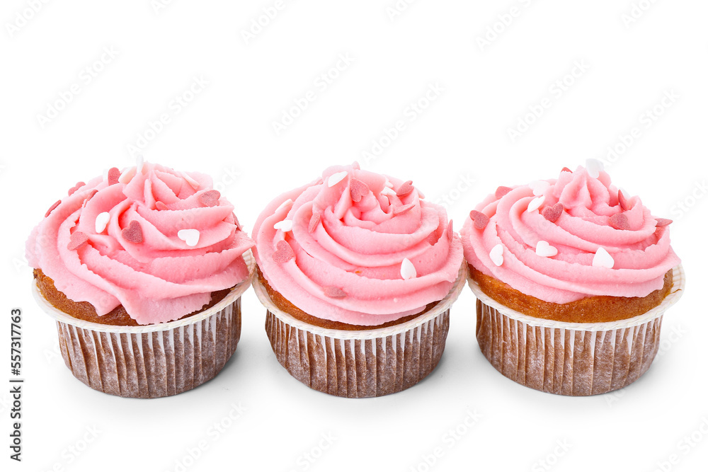 Tasty cupcakes for Valentine's Day on white background