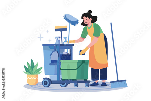 Female Cleaning Worker With Cleaning Equipment
