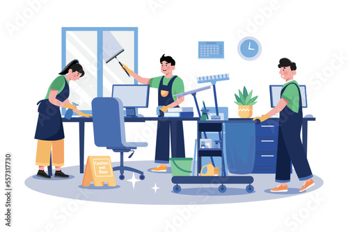 Cleaning Team With Professional Equipment Cleaning Office
