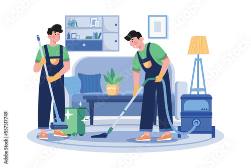 Male Worker Doing Vacuum Cleaning The Clean Floor In The Living Room