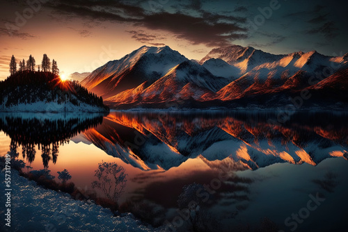 Beautiful dawn photo with mountains on a lakeside. Generative AI